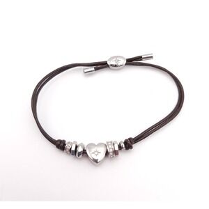 Fossil Heart Charm Bracelet Leather Silver Tone Rhinestone Boho Chic Jewelry